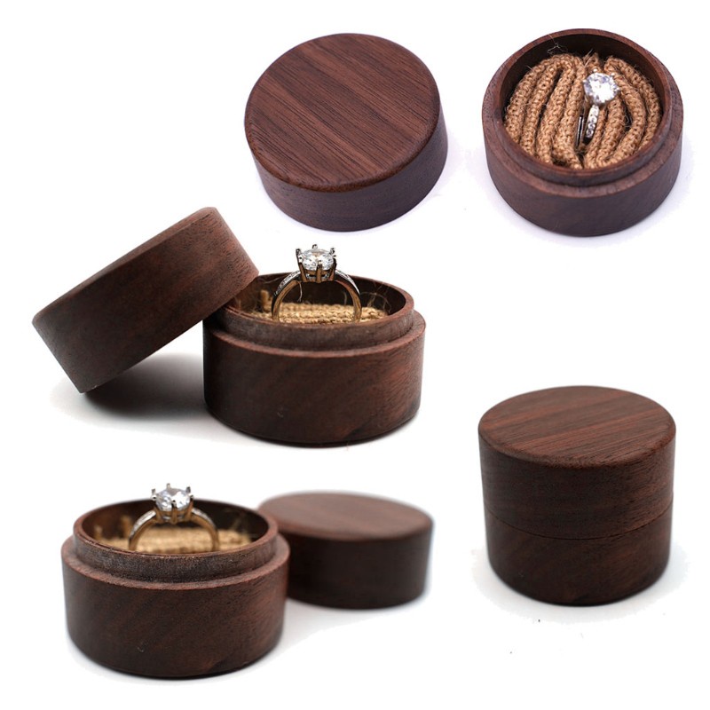 SEL Walnut Wood Jewelry Box Poposal Portable Ring Holder Rustic Wedding Ring Box