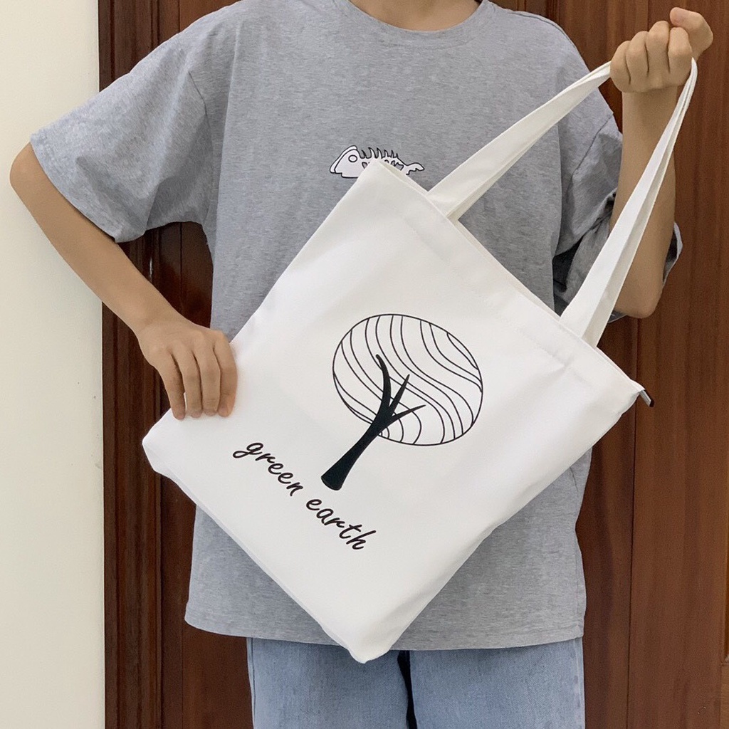 Túi tote vải canvas in hình có khóa miệng tiện dụng