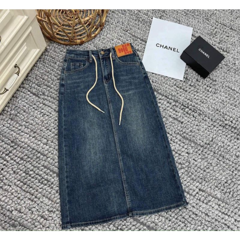 Chân váy jeans dài tag da cạp hàng QCL1