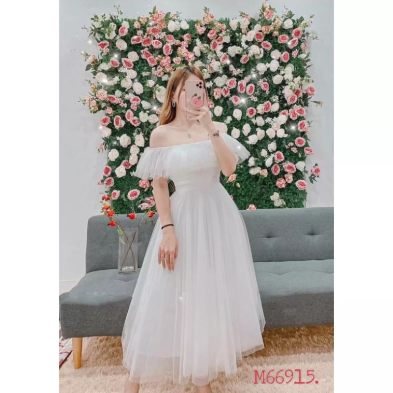 Hình thật - Đầm ren new màu trắng bẹt vai