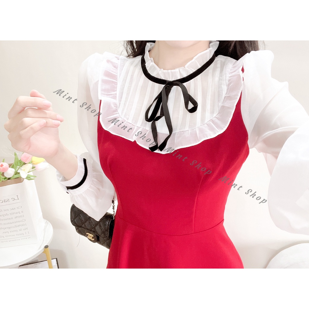 Váy thiết kế phối đen- trắng, đỏ trắng tay voan cổ bèo nơ kiểu dáng tiểu thư sang trọng | BigBuy360 - bigbuy360.vn