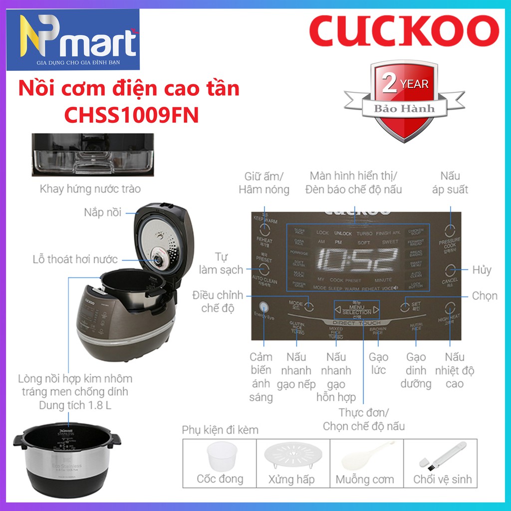 NỒI CƠM ÁP SUẤT ĐIỆN CAO TẦN CUCKOO CRP-CHSS1009FN DUNG TÍCH 1.8L