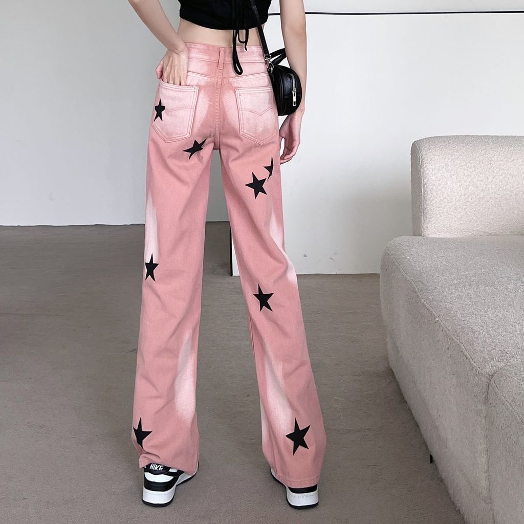 Quần Jean Eo Cao Dáng Rộng In Hình Ngôi Sao Màu Gradient Phong Cách Đường Phố Mỹ Cá Tính Dành Cho Nữ