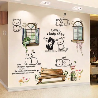 Decal dán tường: Combo mèo con dễ thương và khung cửa mộng mơ