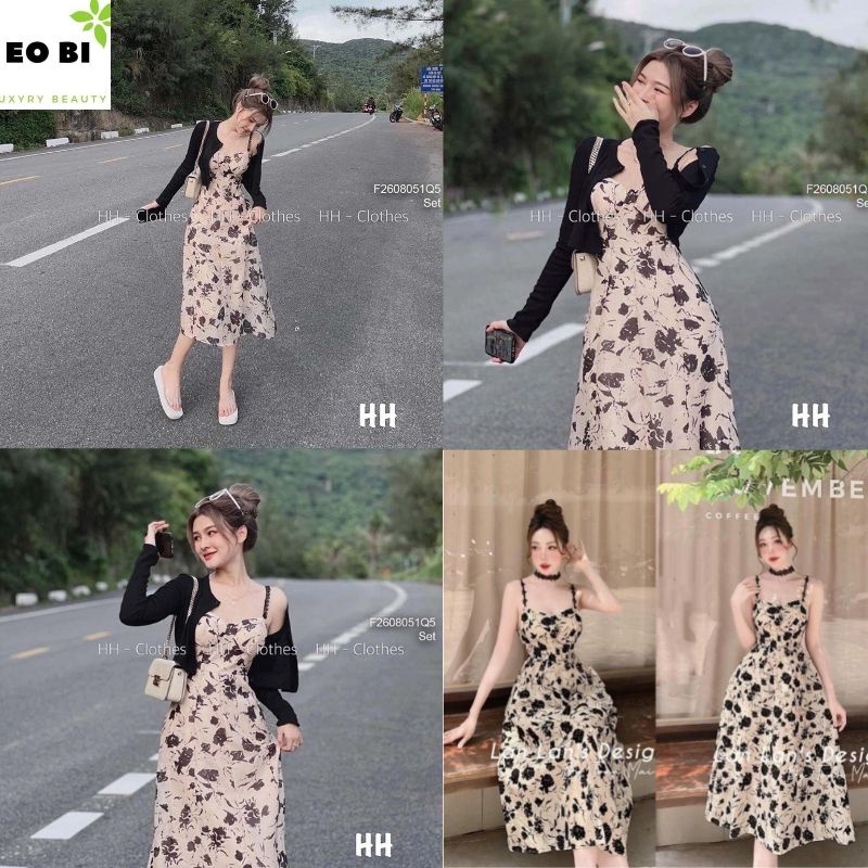 : Set áo calidan mix váy hoa nhí có cúp ngực,Set đầm hoa kèm áo khoác  có ảnh thật đủ size - EOBI