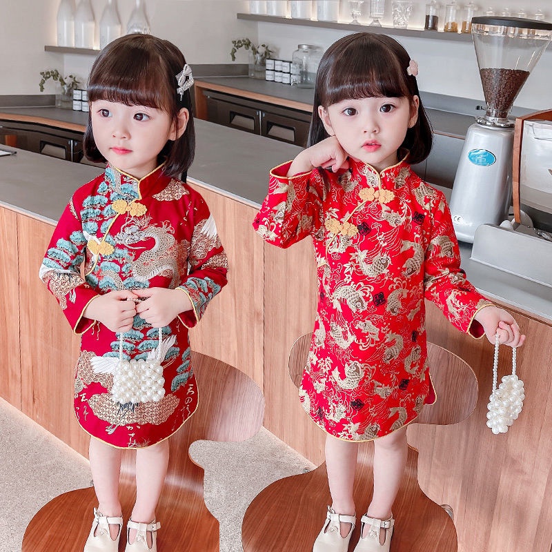 Đầm Sườn Xám Tay Dài Phong Cách Trung Hoa Thời Trang Mùa Thu Cho Bé Gái