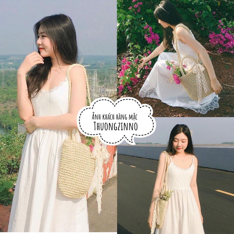 [Ảnh thật/Video]Váy hai dây New land Nàng Thơ vintage thêu hoa nhỏ Đầm hai dây dáng dài phối ren