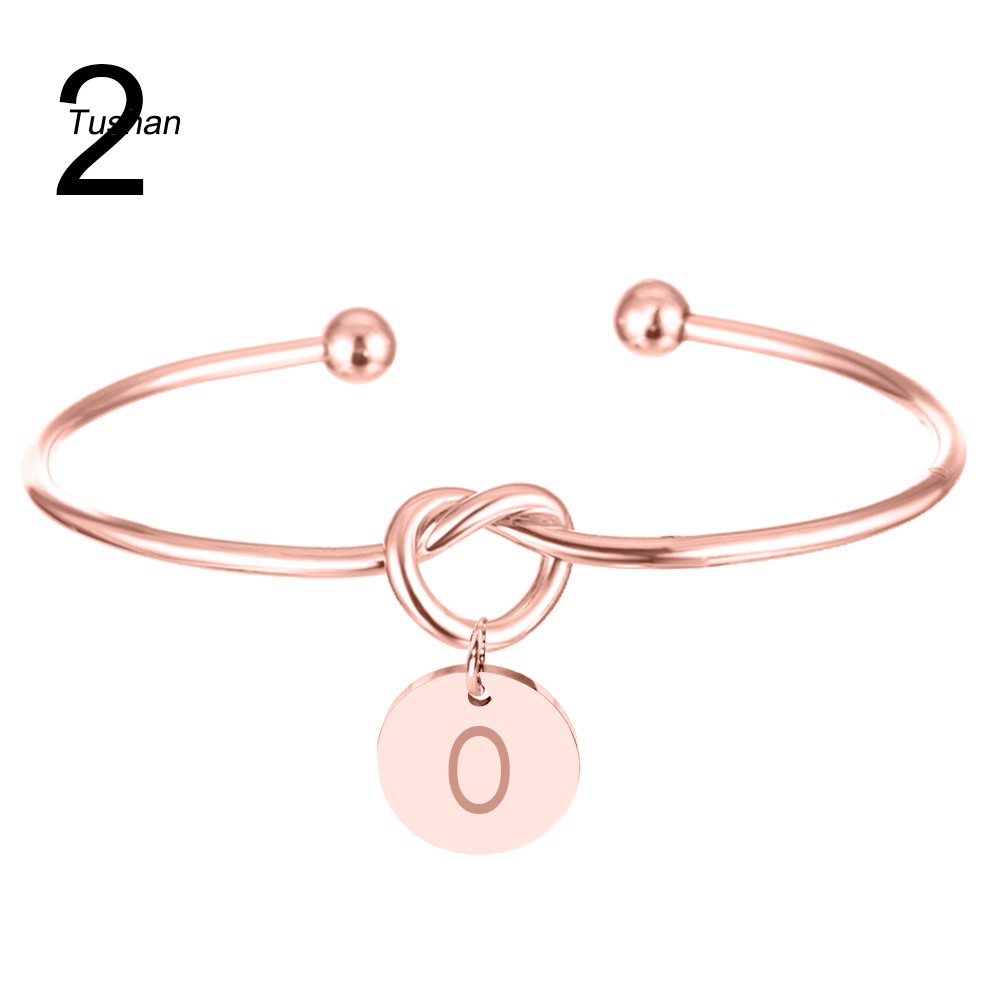 TUSH_Women Knotted Heart Opening Bracelet Letter Carved Metal Disc Charm Cuff Bangle