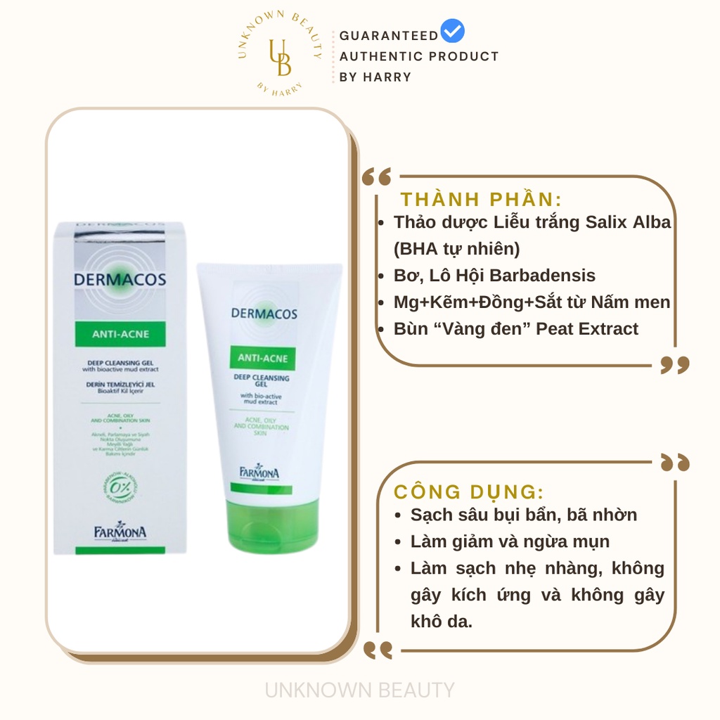 Gel Rửa Mặt Sạch Sâu, Ngừa Mụn Dermacos Anti-Acne Deep Cleansing Gel 150ml | Unknown Beauty