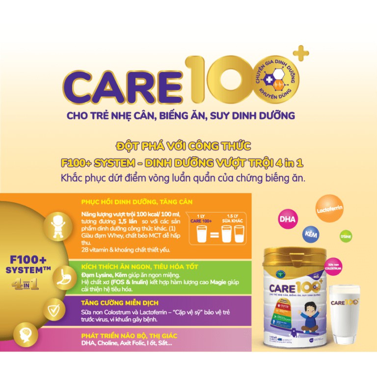 Sữa bột tốt cho bé Nutricare CARE 100+ giúp bé tăng cân, phát triển chiều cao, phát triển não bộ (400gr)