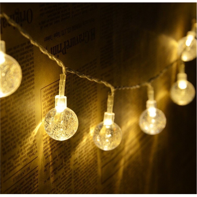 (Xài Pin AA) Dây Đèn Led Trang Trí 20 Bóng Tròn Pha Lê Màu Vàng Nắng Trang Trí Tết Noel Quán Cafe