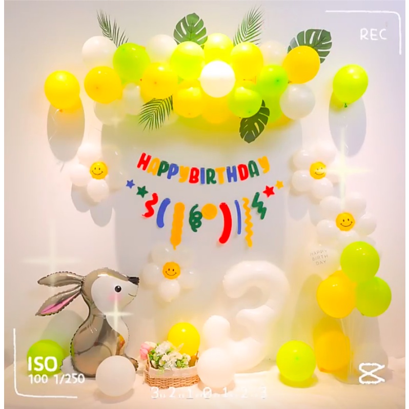 Set trang trí sinh nhật bóng Thỏ xám phong cách Hàn Quốc