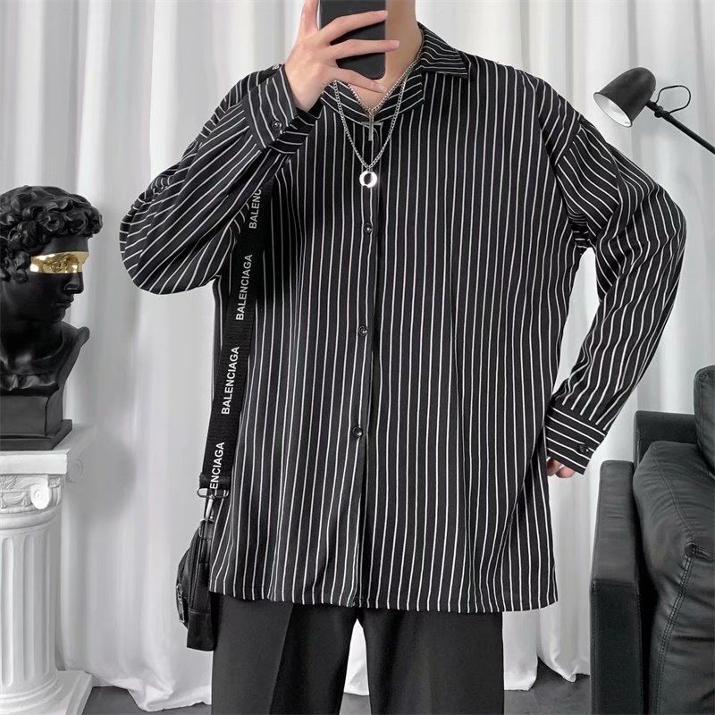 Korean Fashion Striped Striped Neck Long Sleeve Shirt for Men