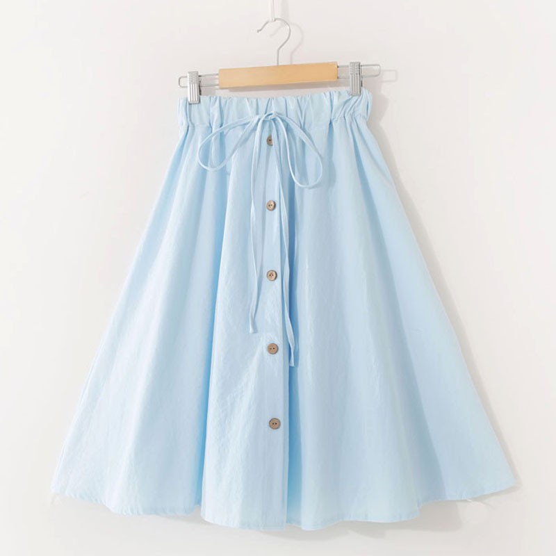 Chân váy đũi thoáng mát dài qua gối bánh bèo có nơ đính cúc - V5