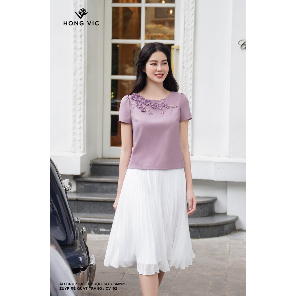 Áo nữ thiết kế Hong Vic croptop tím cộc tay SM259