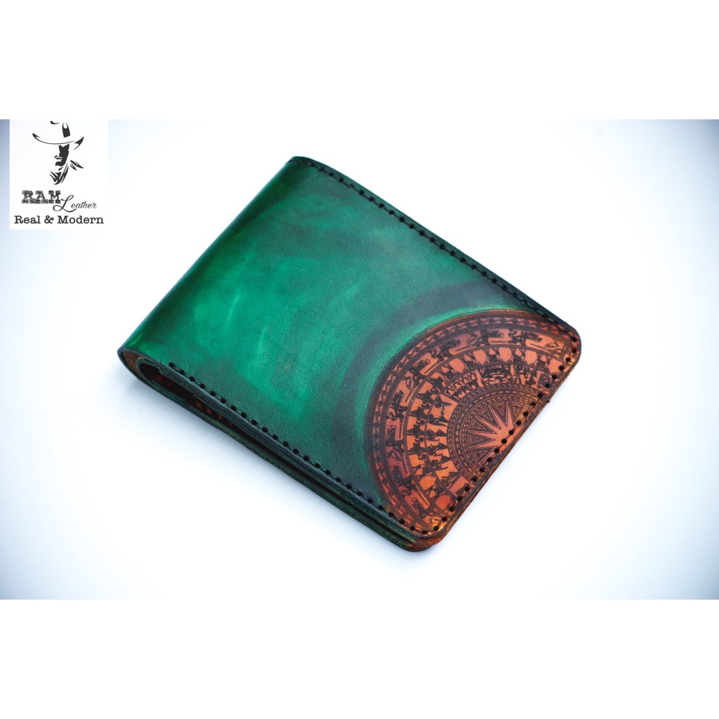 Ví nam nữ RAM Leather trống đồng Việt Nam xanh ngọc (trống vàng) da bò Italia Vegtan handmade cao cấp dáng ngang