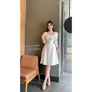 Đầm xoè tay lỡ cổ bèo nơ trắng