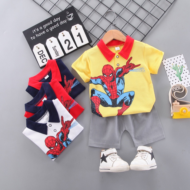 Bộ Áo Thun Polo + Quần Short Cotton In Hình Người Nhện Marvel Thời Trang Mùa Hè Cho Bé Trai 0-6 Tuổi