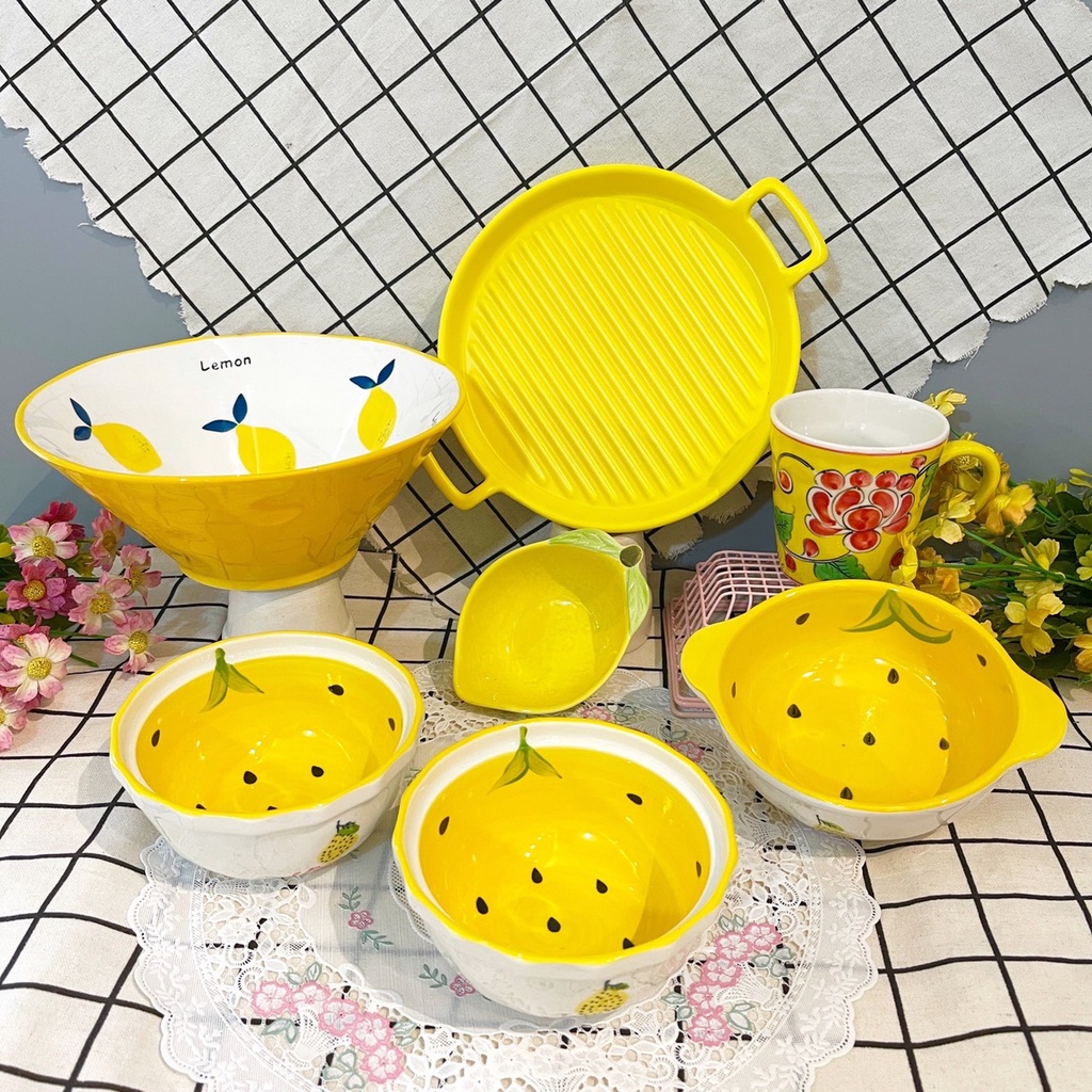 Bộ bát đĩa gốm sứ decor siêu đẹp set 7 món màu vàng trang trí đồ ăn