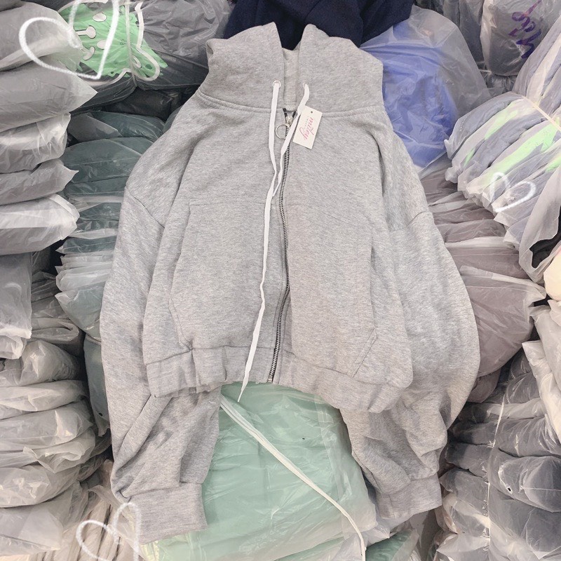 ÁO KHOÁC CROPTOP NỮ FORM RỘNG TAY PHỒNG MÀU XÁM VẢI NỈ, ÁO KHOÁC HOODIE CROPTOP NGẮN