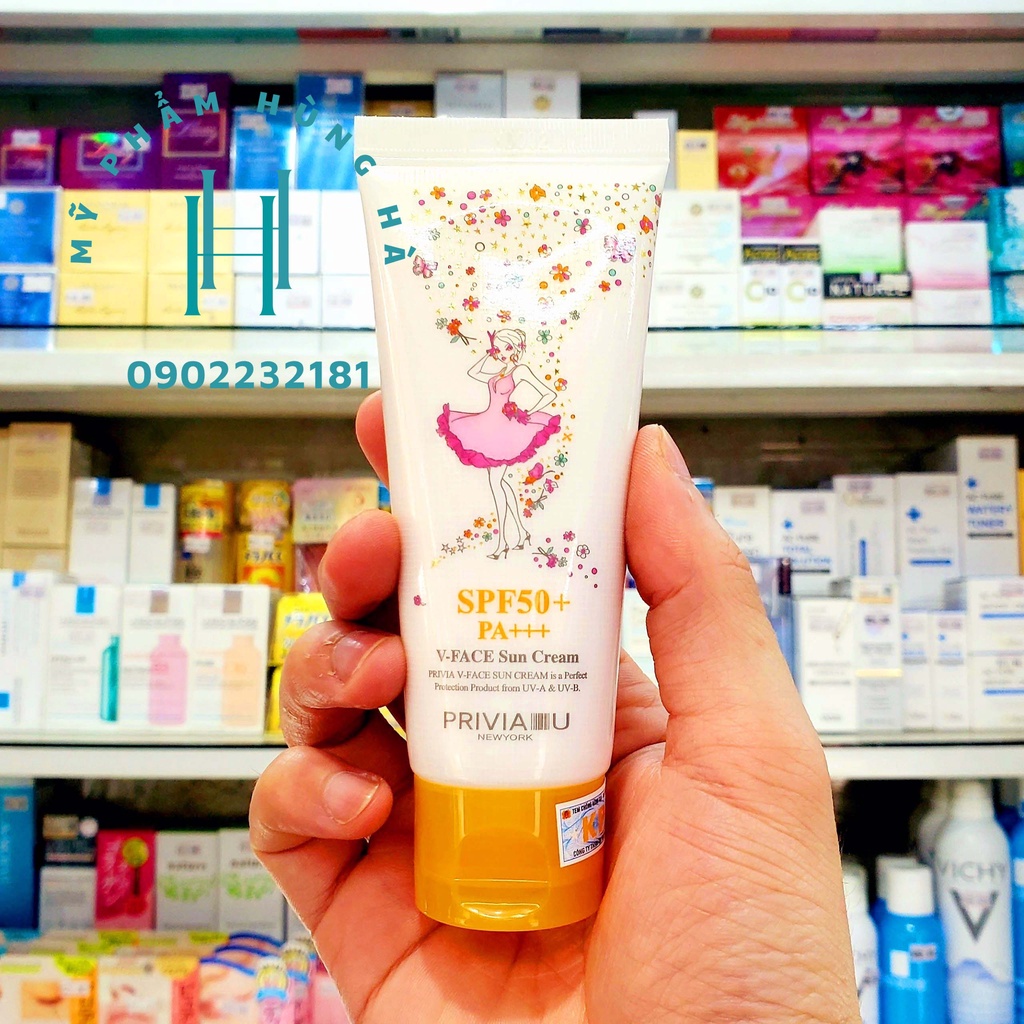 Kem chống nắng Privia, bảo vệ da, lâu rôi, chiết xuất thảo dược V-Face Suncream SPF 50 60ml