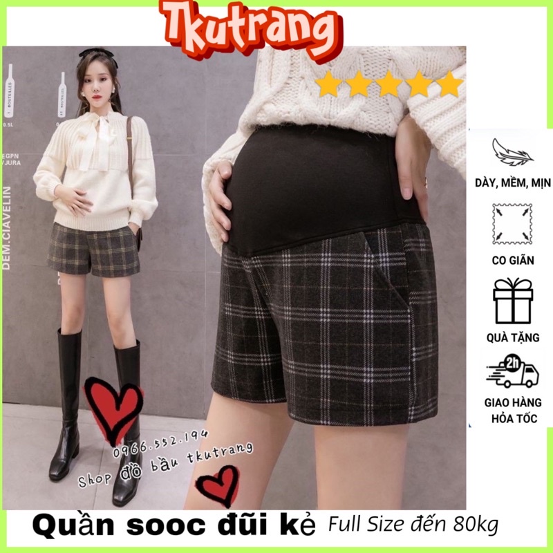 Quần Bầu Sooc Ống Rộng Kẻ Sọc Ca Rô Thời Trang Cho Mẹ Bầu