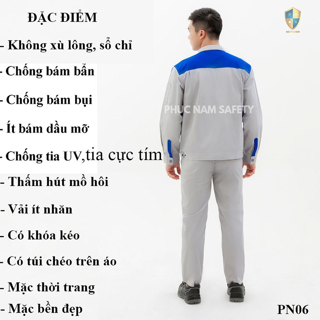 Quần áo bảo hộ lao động vải Pangrim cao cấp màu ghi sáng phối xanh dương – PN06, Bảo hộ lao động Phúc Nam