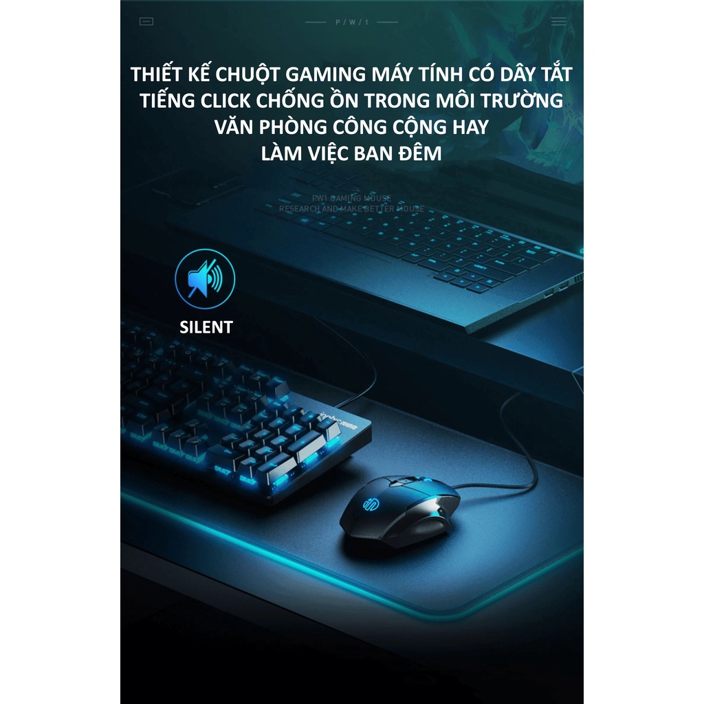 Chuột gaming máy tính có dây chống ồn silent click INPHIC PW1 đèn led 4 màu dành cho game thủ, văn phòng,... - NK