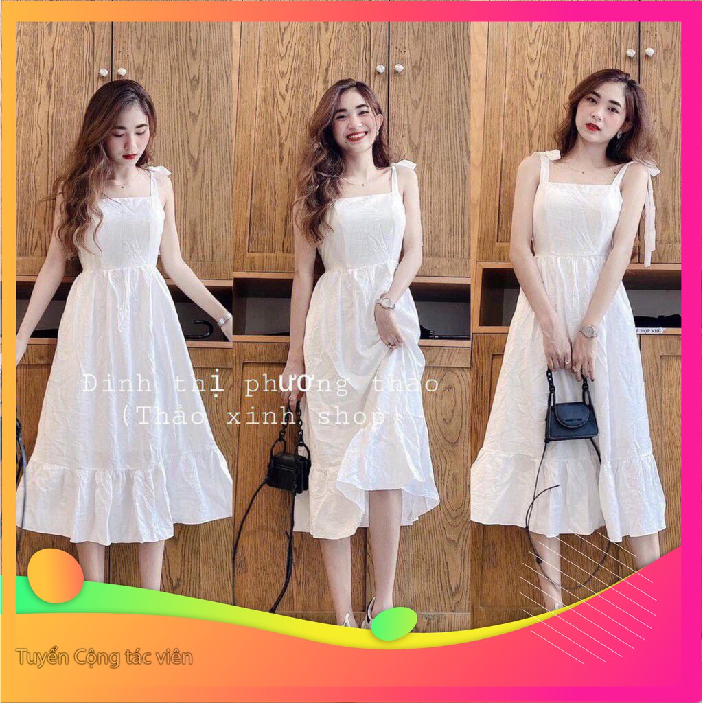 13D23B1 Đầm midi 2 dây bản to, vải đũi mềm mát Sale