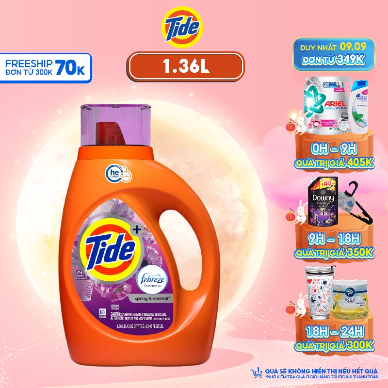 (Hàng nhập khẩu USA) Nước giặt cao cấp Tide+ Febreze Freshness Spring & Renewal 1,36L