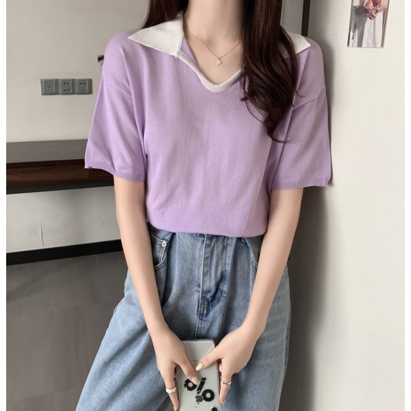 Áo Sweater Tay Ngắn Cổ Polo Phong Cách Hàn Quốc | BigBuy360 - bigbuy360.vn