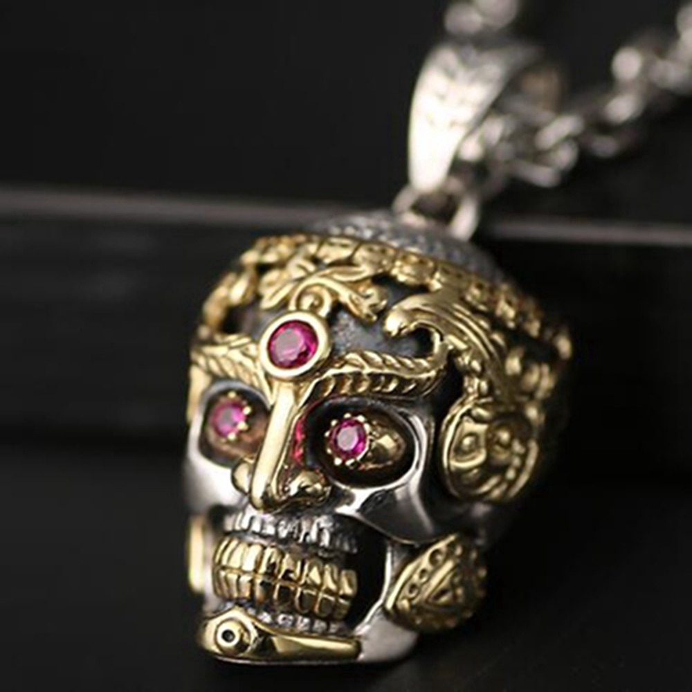 Vàng Punk Skull Đá dát Đá đỏ Garnet Mặt dây chuyền vòng cổ, Trang sức nam Retro