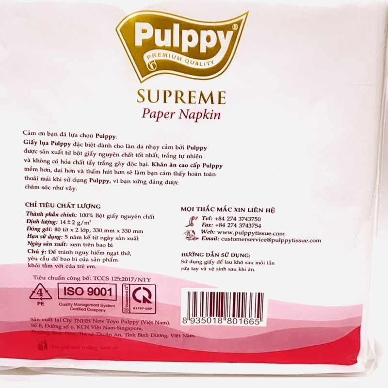 Khăn Ăn Cao Cấp Pulppy Supreme Paper Napkin 80 Tờ 2 Lớp