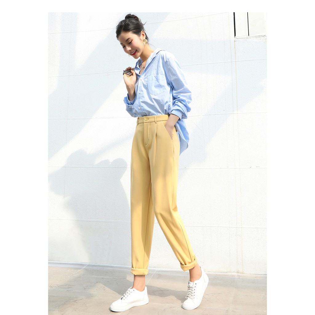 Quần baggy nữ cap cao lưng thun màu kem