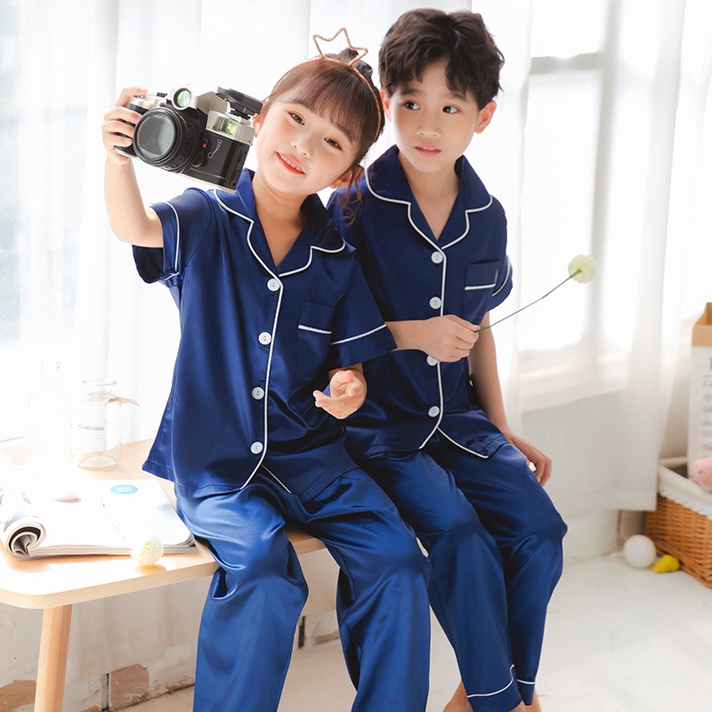 Pijama Cho Trẻ Em Ngắn Tay Lụa Satin Bộ đồ Ngủ Bé Trai Bé Gái
