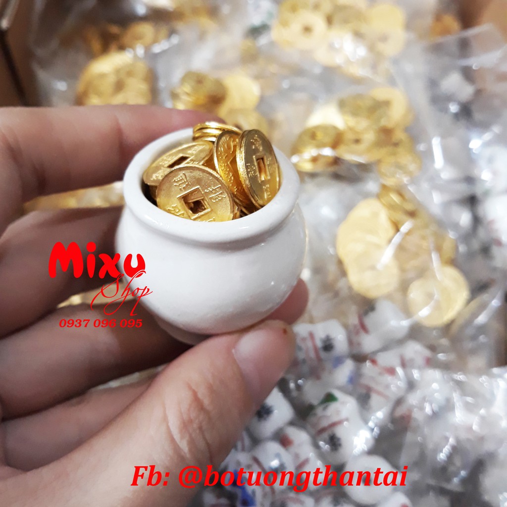 Bộ tượng Ngũ Phúc 6cm + hủ xu vàng + chân đế ngang 6