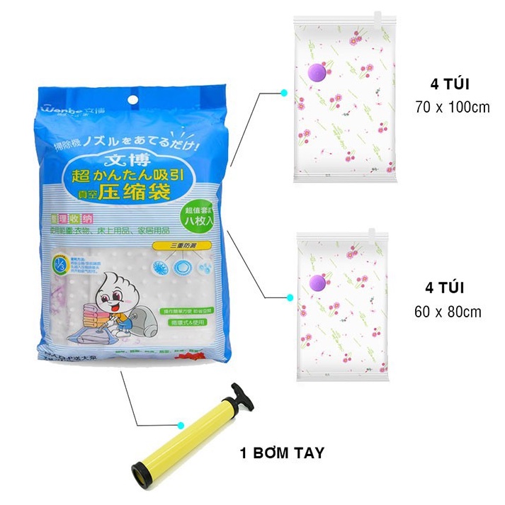 BỘ 8 TÚI HÚT CHÂN KHÔNG ĐỰNG QUẦN ÁO, CHĂN MÀN TẶNG KÈM BƠM TAY