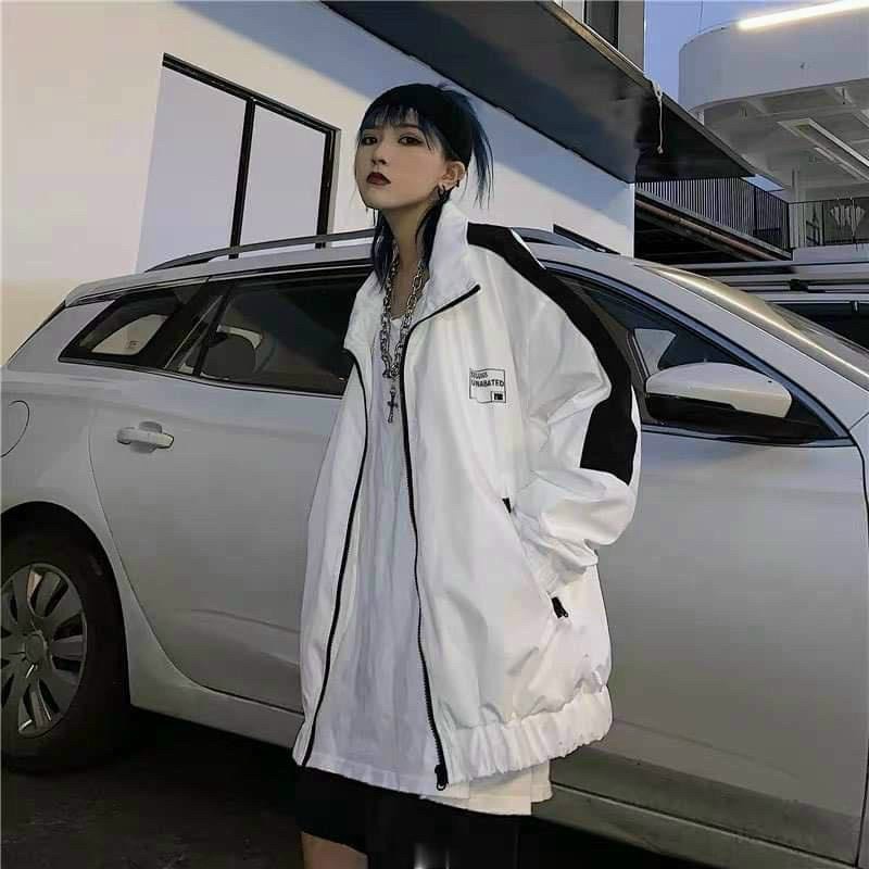 Áo khoác dù phối form rộng phong cách Hàn Quốc năng động - áo khoác gió màu kem - áo khoác chống nắng cổ bẻ dây khóa kéo