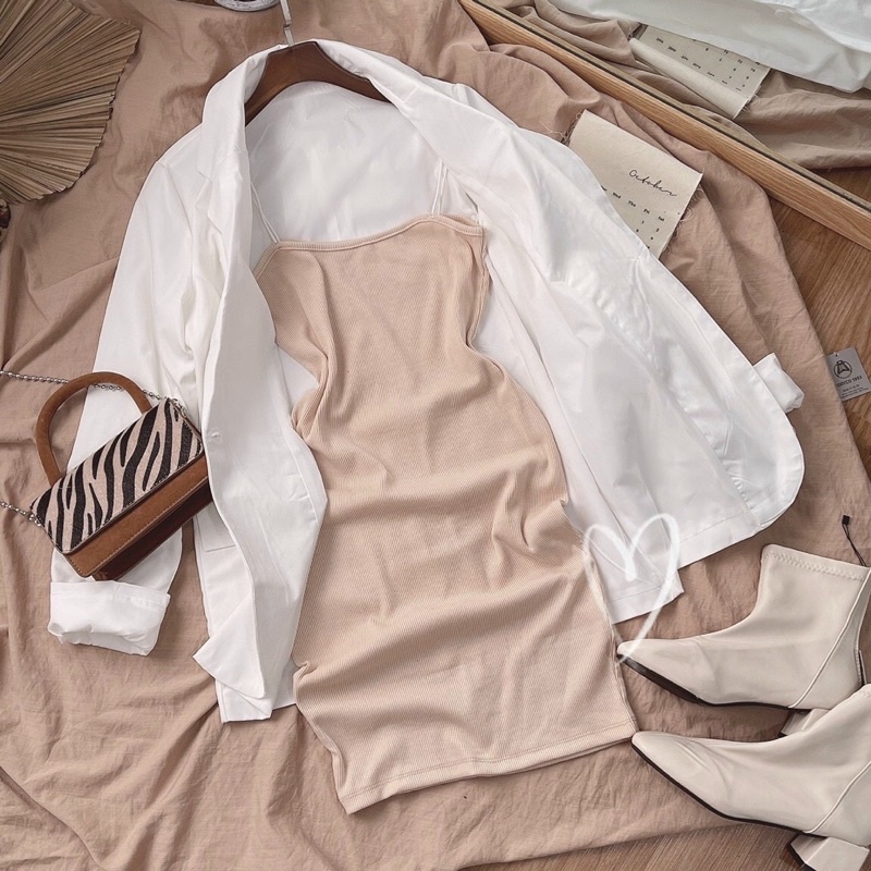 SET ÁO KHOÁC BLAZER TRẮNG + ĐẦM HAI DÂY MÀU BE XINH XẮN [kèm ảnh thật] | BigBuy360 - bigbuy360.vn