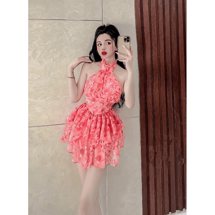 ĐẦM VOAN HOA CÓ MÚT CÓ LÓT QUẦN CỔ YẾM DÁNG NGẮN SIÊU HACK DÁNG UP