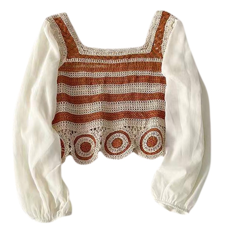 Áo Croptop Dệt Kim Cổ Vuông Tay Dài Dáng Rộng Kiểu Pháp Thời Trang Mùa Hè Cho Nữ