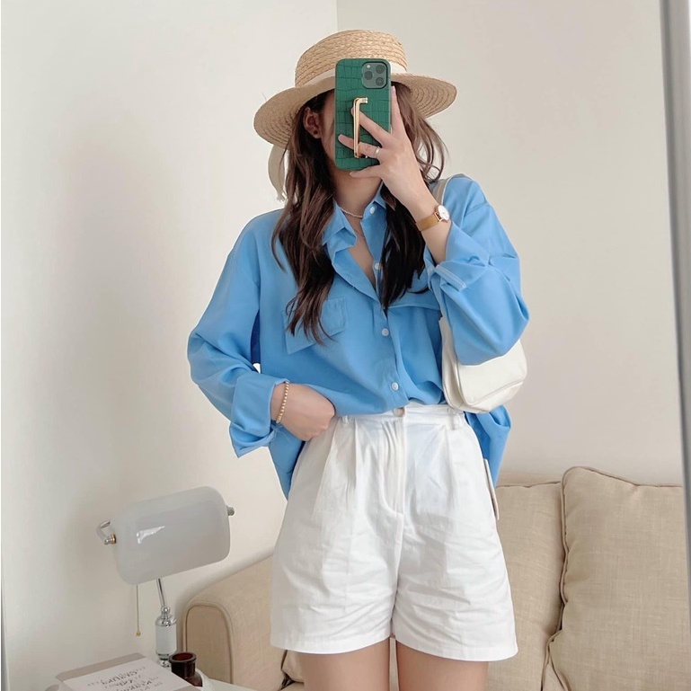 Áo sơ mi nữ dài tay from rộng mix túi ngực trẻ trung năng động. Sơ mi nữ dài tay chất thích mặc thu 2 màu Be xanh hothit