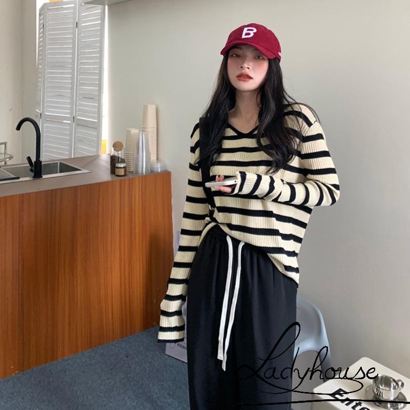 Áo Thun Dệt Kim Tay Dài Cổ Chữ V Dáng Rộng Họa Tiết Kẻ Sọc Thời Trang Mùa Thu Cho Nữ