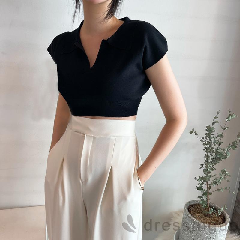 Áo Dệt Kim Tay Ngắn Cổ Chữ V Màu Sắc Đơn Giản Cho Nữ