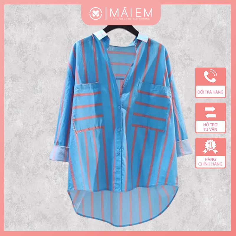 Áo sơ mi nữ dài tay màu xanh sọc hồng áo somi cổ đức đuôi tôm Chất vải Kate Hàn mềm mịn xinh xắn_A9036