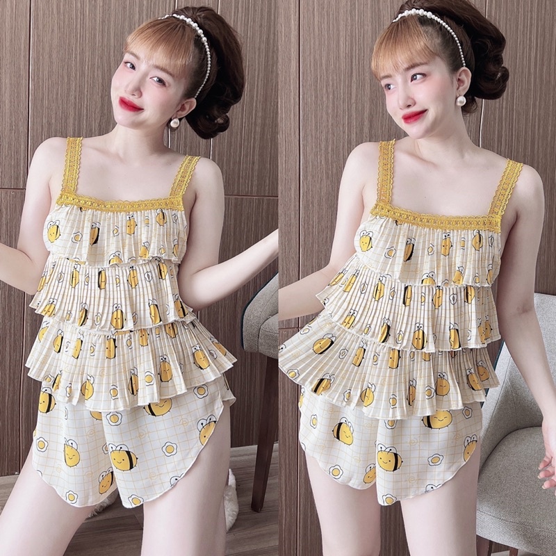 (Dưới 65kg) Đồ bộ mặc nhà 2 dây áo dập ly 3 tầng phối quần đùi ngắn cực sexy và mát cho bạn nữ