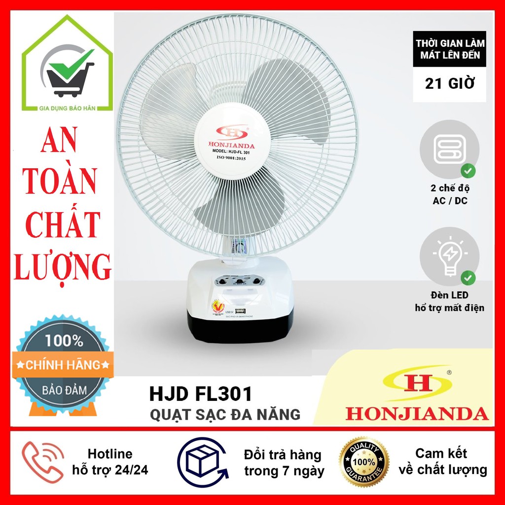 Quạt Tích Điện Honjianda HJD-FL301 2 Bình, Tích Điện Lên Đến 16 Tiếng, Có Ổ Sạc Và Đèn