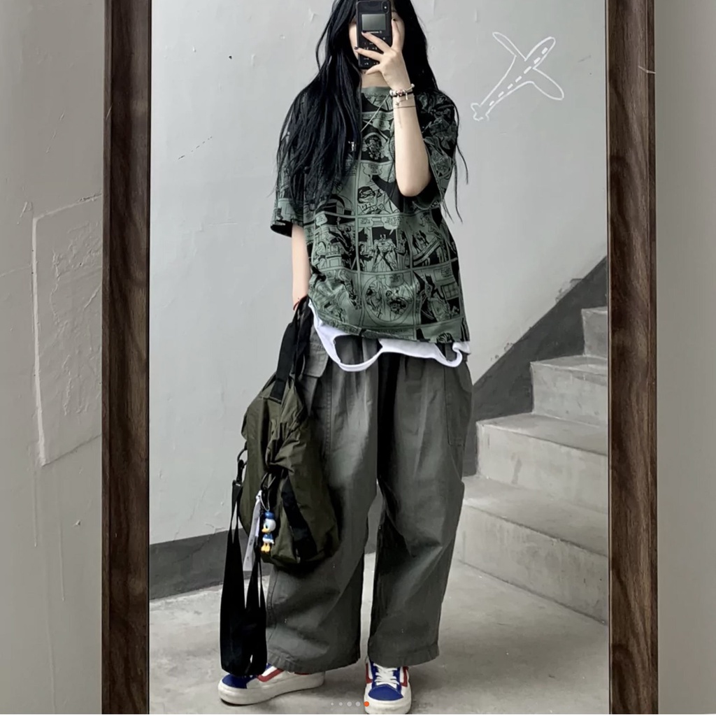 ✌Quần Kaki Ống Rộng Lưng Thun Phối Túi Lớn Kiểu Retro Nhật Bản 19S Cho Nam Nữ