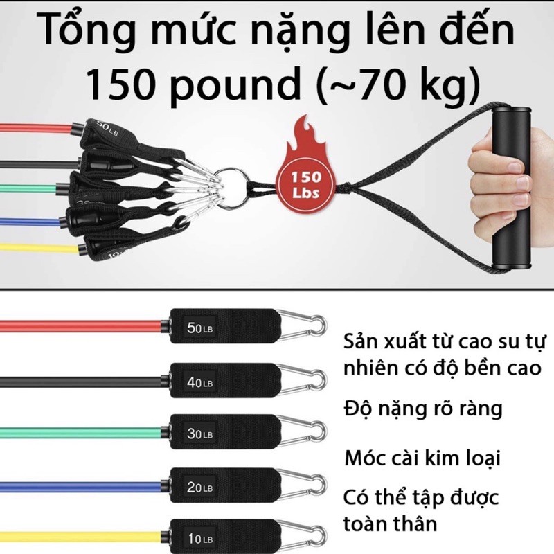 Bộ 5 dây kháng lực tập gym , 2 quấn cổ chân, 2 tay cầm kèm túi đựng Elite Sport