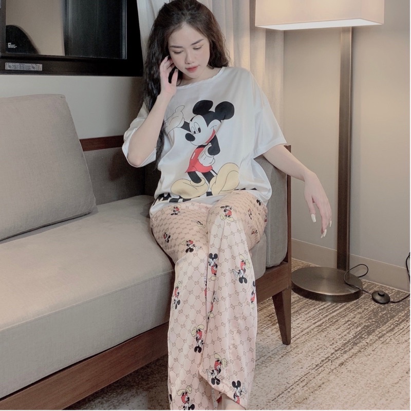 Bộ Pijama, Đồ bộ nữ mặc nhà lụa satin cao cấp mềm mịn hoạ tiết siêu dễ thương